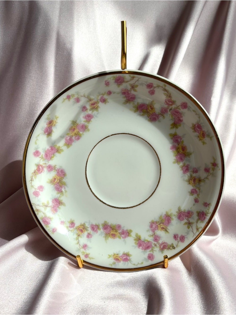 Antique Limoges Tea Cup & Saucer in White with Pink Rose Garland and Gold Trim - Picture 5 of 7
